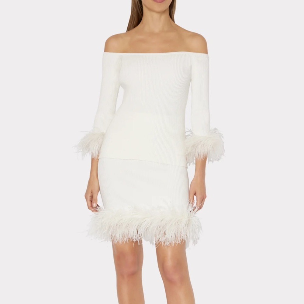 Milly White Off-Shoulder Feather-Trim Knit Top